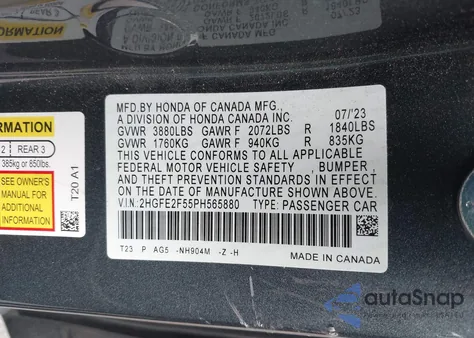 2023 Honda Civic Sport from USA, damaged, VIN 2HGFE2F55PH565880
